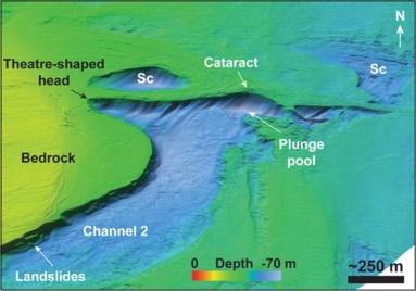 3-D perspective view of a cataract in the eroded valley in the central part of the Dover Strait. One can notice small erosion cavities created at the basement of the cataract. These data indicate that the erosion occurred through strong currents. (Credit: Imperial College London). 