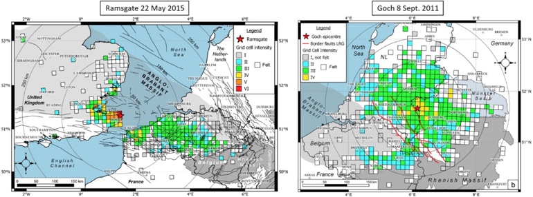 Intensity maps of the 2015 Ramsgate (left) and 2011 Goch (right) earthquakes. Maps were made by merging all the felt reports submitted to several European seismological institutes.  Credit: Van Noten et al. (2017). 