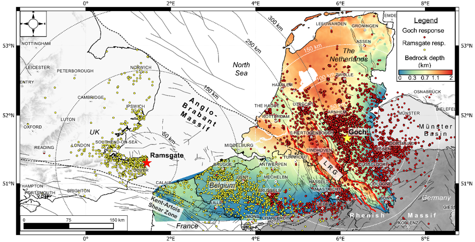 Combined felt distributions of the 2011 Goch earthquake (red) and 2015 Ramsgate earthquake (yellow) illustrated on a depth to bedrock map of Northern Belgium, the Netherlands and Western Germany. Credit: Van Noten et al. (2017). 