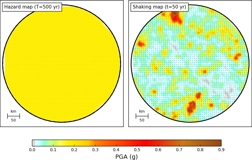 Comparison between a seismic hazard map and a map with simulated shaking