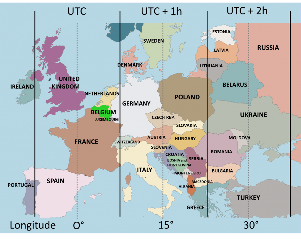 Theoretical time zones associated with solar time for Europe.