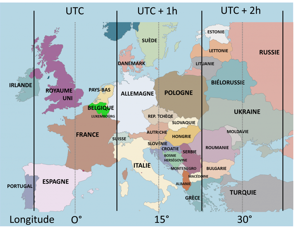 Fuseaux horaires théoriques associés à l’heure solaire pour l'Europe