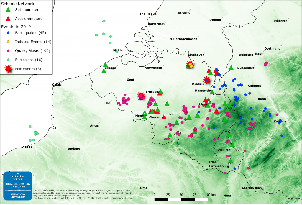 Événements enregistrés par le réseau sismique de l'Observatoire royal de Belgique en 2019.