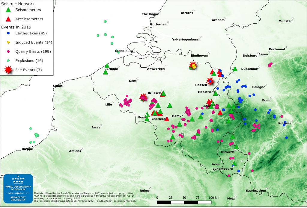 Events recorded in 2019 by the Belgian Seismic Network of the Royal Observatory of Belgium.