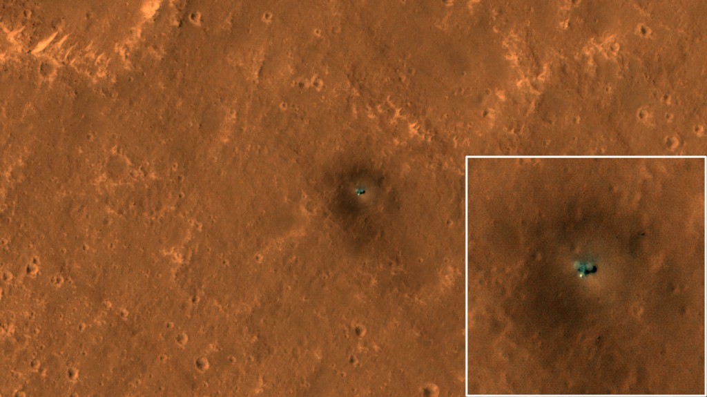 Vue du site d’atterrissage InSight prise par la caméra HiRISE de la NASA le 23 septembre 2019. Credit: NASA/JPL-Caltech/University of Arizona.