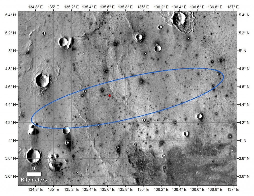 De landingsplaats van InSight en de ellips die de landingszone beschrijft.