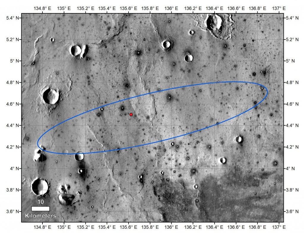 Le site d’atterrissage d’InSight et l’ellipse circonscrivant sa zone d’atterrissage.