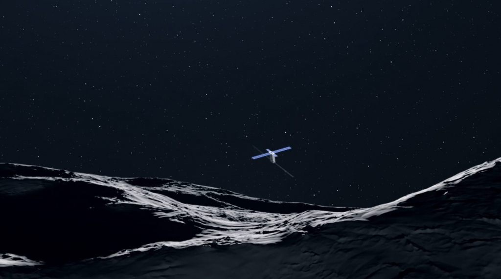 The Juventus CubeSat above an asteroid landscape.