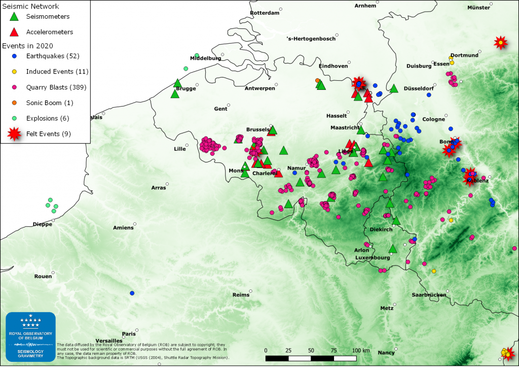 Map of Belgium and around Belgium with recorded seisms in 2020