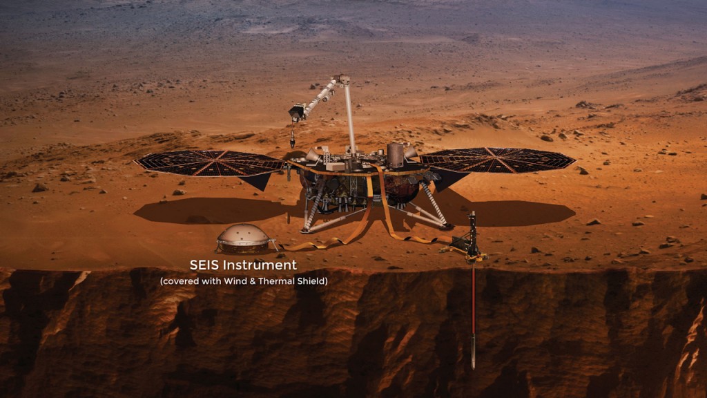 Artist concept of the NASA Insight lander, with the SEIS instrument highlighted in the picture.