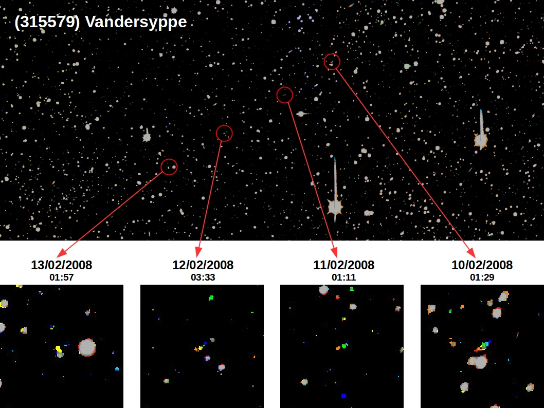 Five superimposed images of asteroid (315579) Vandersyppe observed from 10 February 2008 to 13 February 2008. The image on the top shows the asteroid movement during the four days. The images on the bottom show the asteroid on a defined day and time (from right to left): 10/02/2008 01:29, 11/02/2008 01:11, 12/02/2008 03:33, 13/02/2008 01:57.