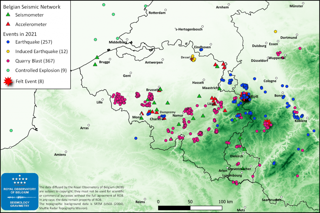 Map of Belgium and around witth the 2021 seismic activitiy