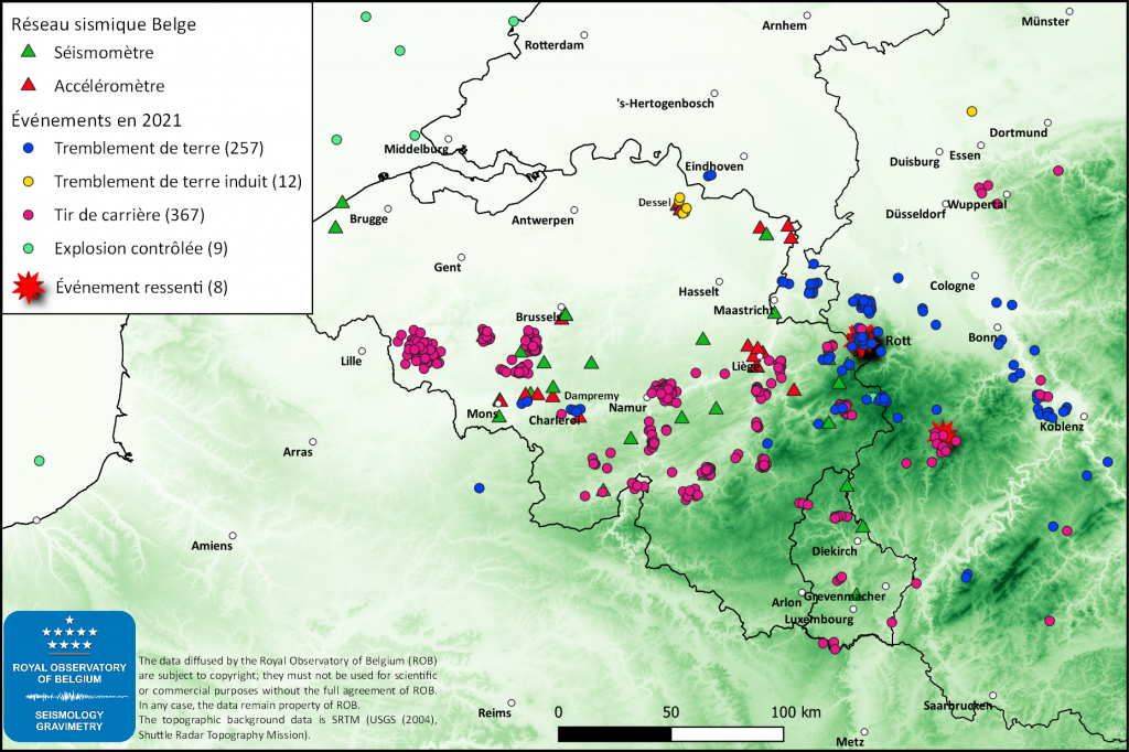 Carte de la Belgique et environ avec l'activité sismique de 2021