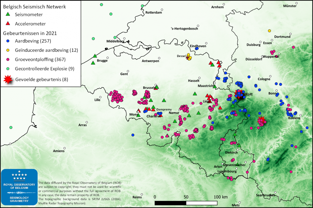 Kaart van België en grensgebieden met aardbevingen gelokaliseerd in 2021.