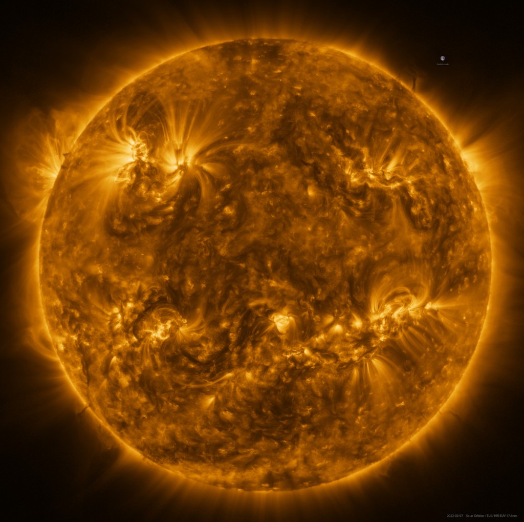 This image is a mosaic of 25 individual images taken on 7 March by the high resolution telescope, part of the Extreme Ultraviolet Imager (EUI) instrument. In total, the final image contains more than 94 million pixels in a 9700 x 9700 pixel grid, making it the highest resolution image of the solar disk and outer atmosphere ever taken. Zoom in to marvel at the details. A full resolution image can be found here. Credit: ESA & NASA/ Solar Orbiter/ EUI team; Data processing: E. Kraaikamp (ROB).