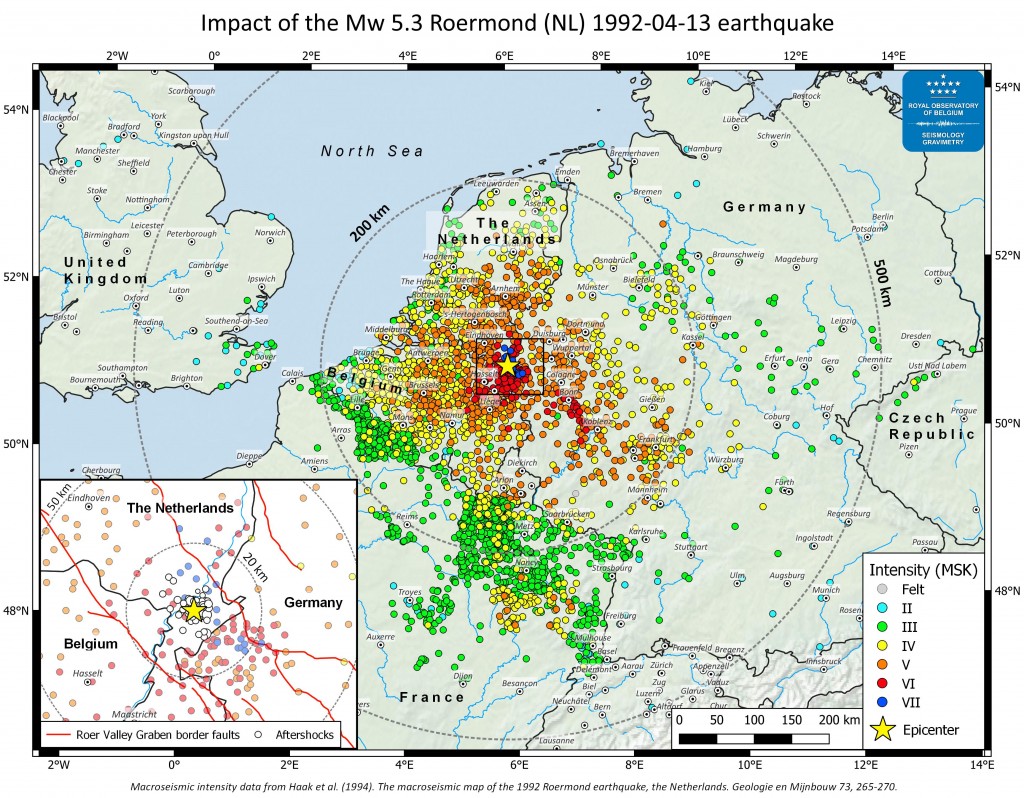 Macroseismic map showing the felt intensity of the Roermond earthquake throughout the region of northwest Europe