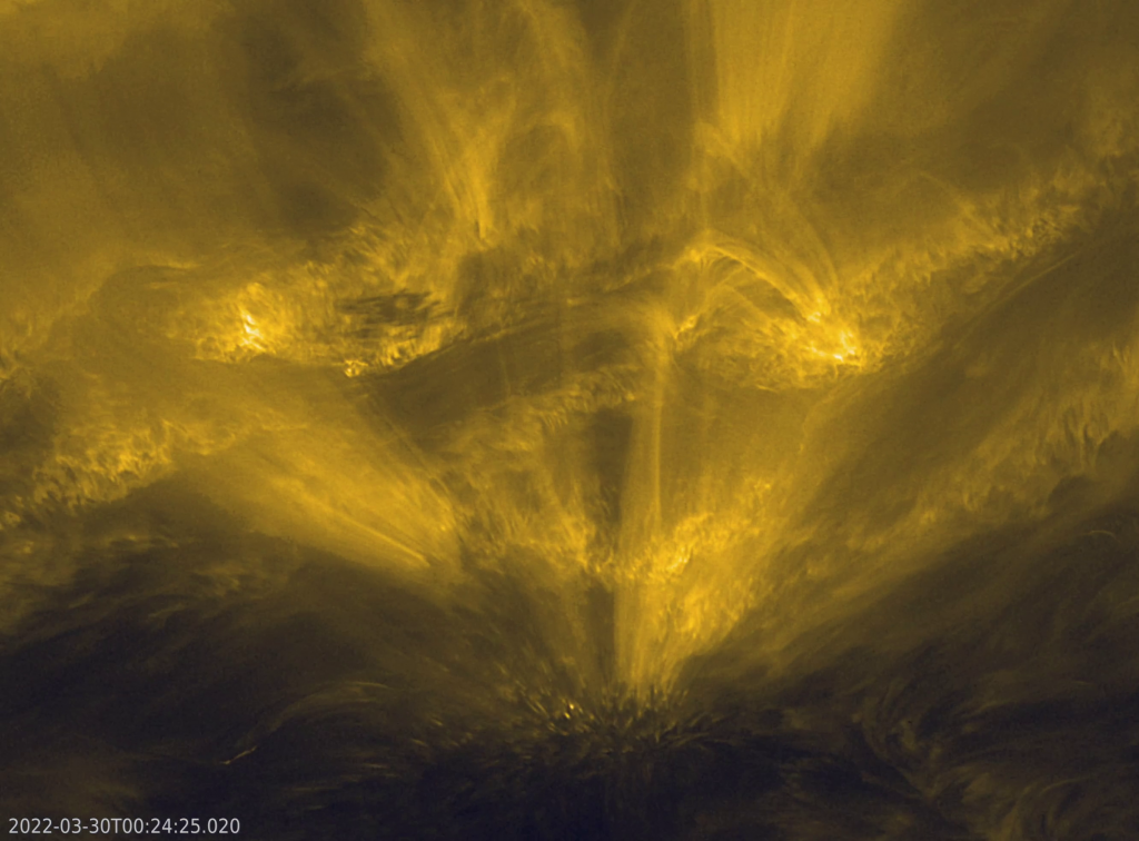 Deze close-up van de zonne-atmosfeer toont een fenomeen dat de onderzoekers voorlopig de bijnaam "de egel" hebben gegeven. Wat de egel juist is en hoe hij werd gevormd, moet verder onderzoek nog uitwijzen. 