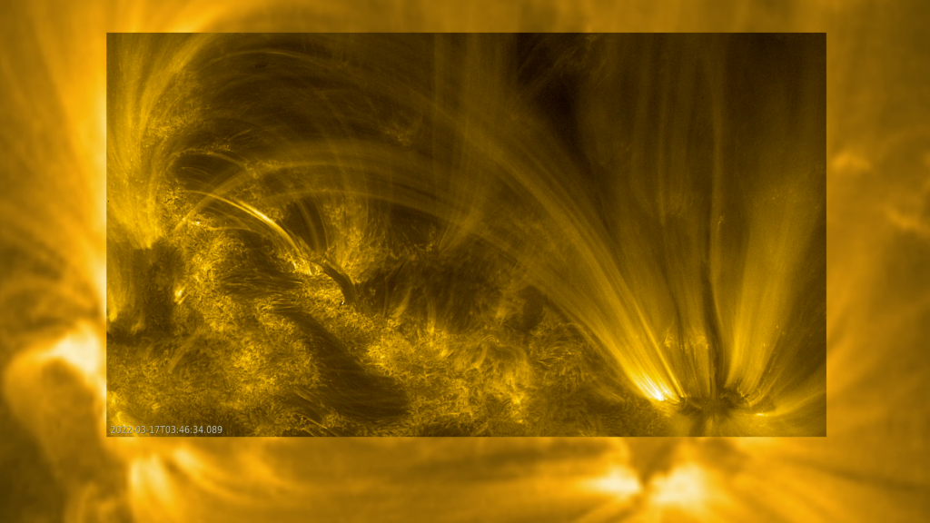 Beelden gemaakt op 17 maart 2022 door de Full Sun Imager (FSI) telescoop van EUI, waarbij met de High-Resolution Imager (HRI) wordt ingezoomd op de details van een actief gebied.