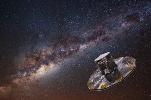 Artist's view van de Gaia satellite die zich  voor de Melkweg bevindt. Image credit: ESA/ATG medialab – ESO/S. Brunier