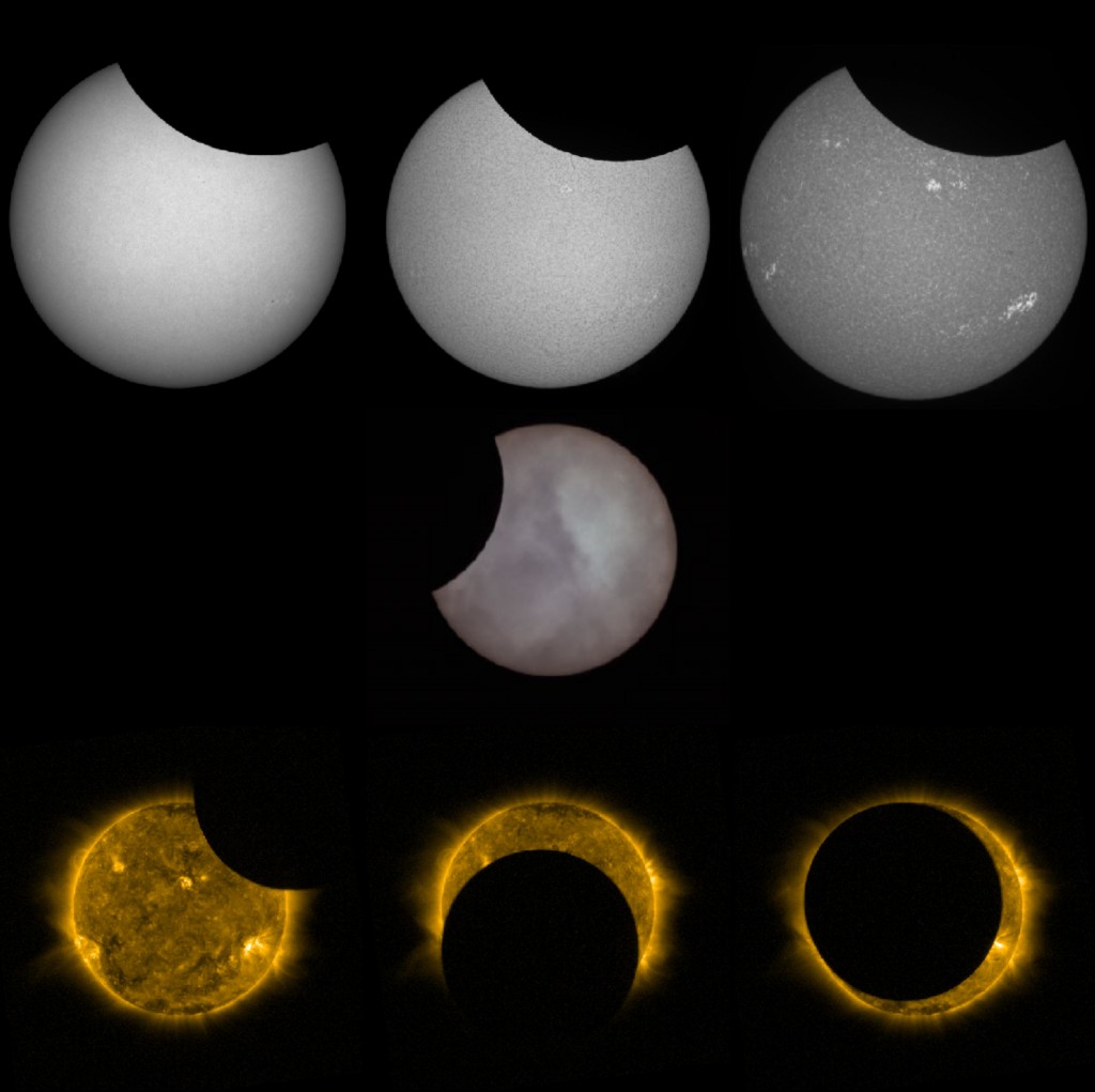 Collage d’images de l’éclipse solaire du 10 juin 2021. Ces images ont été prises par les télescopes solaires Uccle (USET) (trois photos ci-dessus), par le Planétarium de Bruxelles (photo du milieu) et par la caméra SWAP à bord du satellite PROBA2 (trois photos ci-dessous). Les photos du télescope solaire d’Uccle sont prises en lumière visible, et dans les lignes spectrales Ha et CaII. La photo du Planétarium est prise en lumière visible et les photos de SWAP en lumière ultraviolette extrême. 