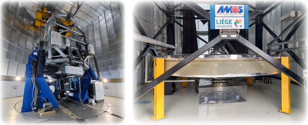Figure 2 : Le télescope DOT de 3,6 m (à gauche) possède un miroir en verre classique, tandis que le télescope IMLT de 4 m (à droite) est un télescope zénithal dont le miroir est constitué d’une fine couche de mercure liquide.
