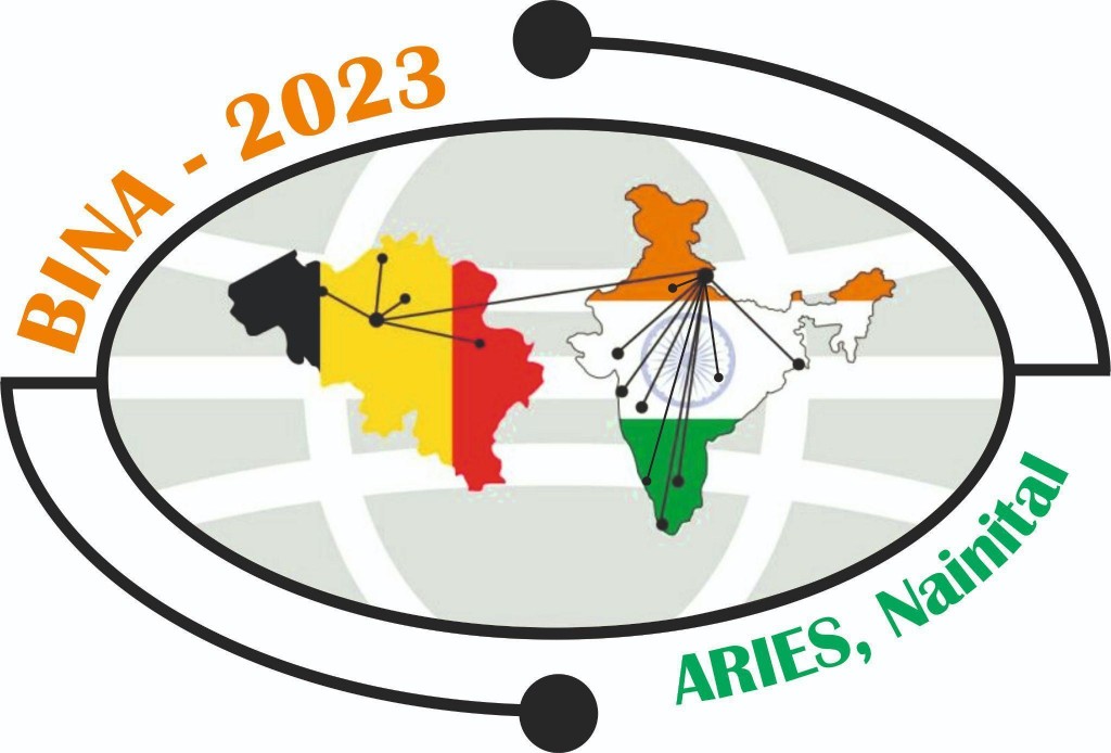 Figure 3 : Le logo du 3e colloque BINA. Les gros points sur les cartes de la Belgique et de l’Inde représentent l’emplacement des instituts des responsables principaux. Ils sont reliés entre eux, symbolisant la collaboration bilatérale, et avec des points plus petits, représentant les autres instituts partenaires.