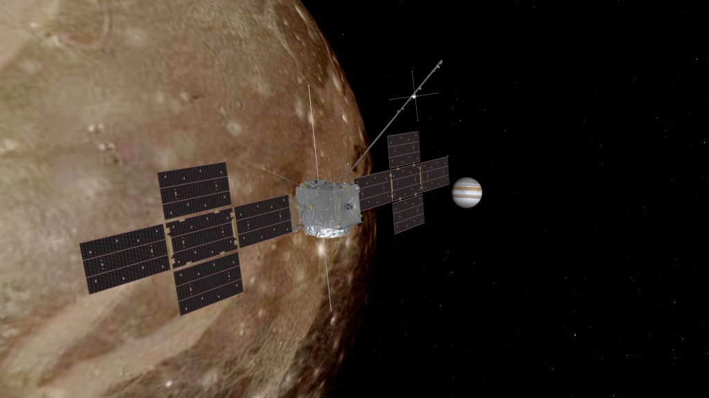 Artistieke impressie van het ruimtevaartuig JUICE in een baan rond Ganymedes, met Jupiter op de achtergrond. Bron: ESA/ATG Medialab.