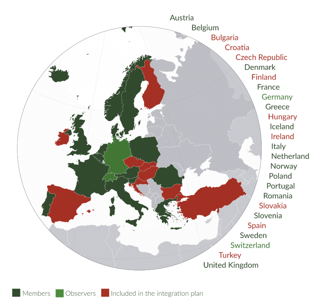  Figure 2: EPOS members (dark green), observers (light green), and countries included in the integration plan but not in EPOS-ERIC (red).
