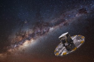 Foto: Artistieke weergave van de satelliet Gaia die zich voor de Melkweg bevindt. Image credit: ESA/ATG medialab – ESO/S. Brunier.