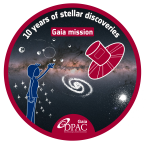 Round 10-year ESA Gaia logo with drawed illustration of (from left to right) a person, a galaxy and the Gaia satellite with the Gaia galaxy map in the background