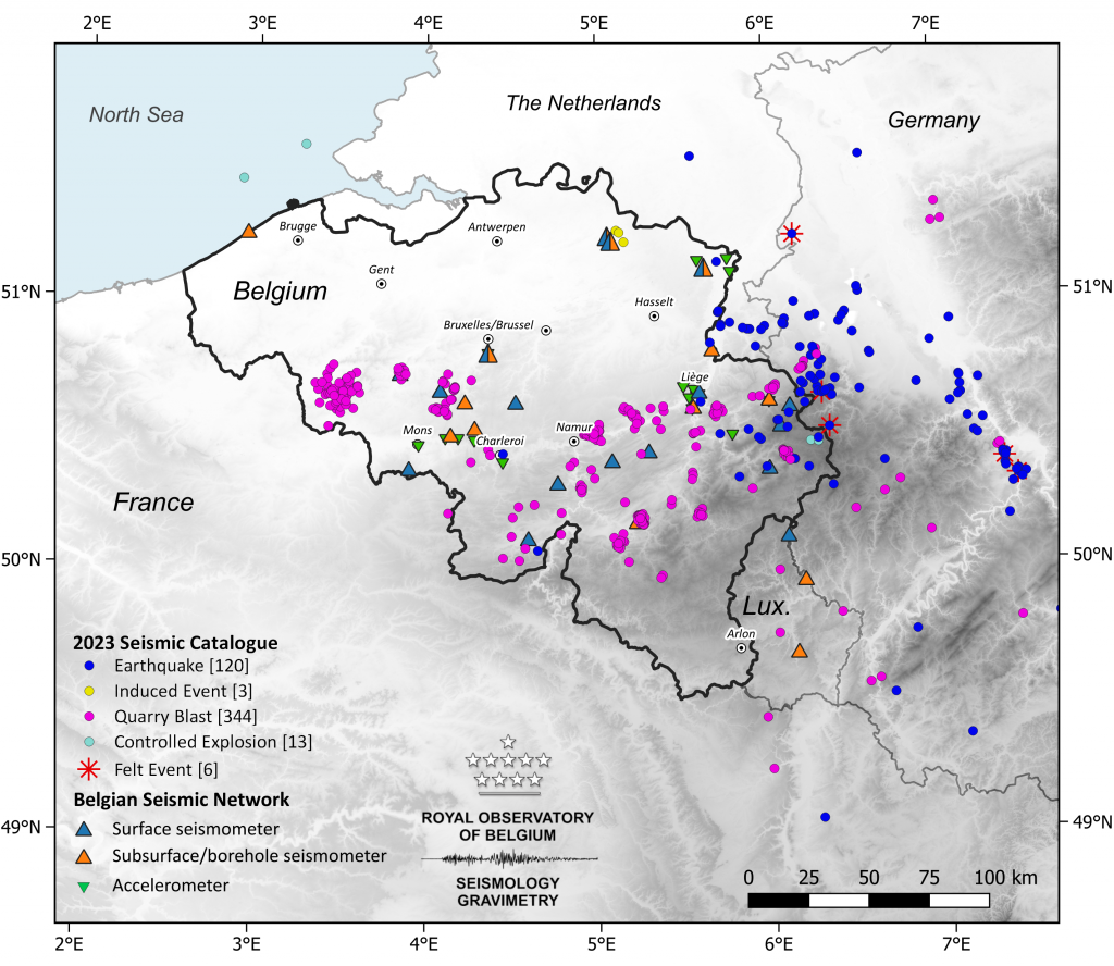 Map of Belgium and neighboring regions with dots indicating seismic events detected in 2023.