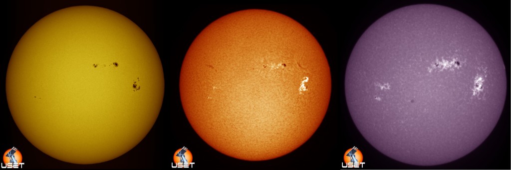 Three images of the Sun in yellow (left), orange (center) and purple (right).