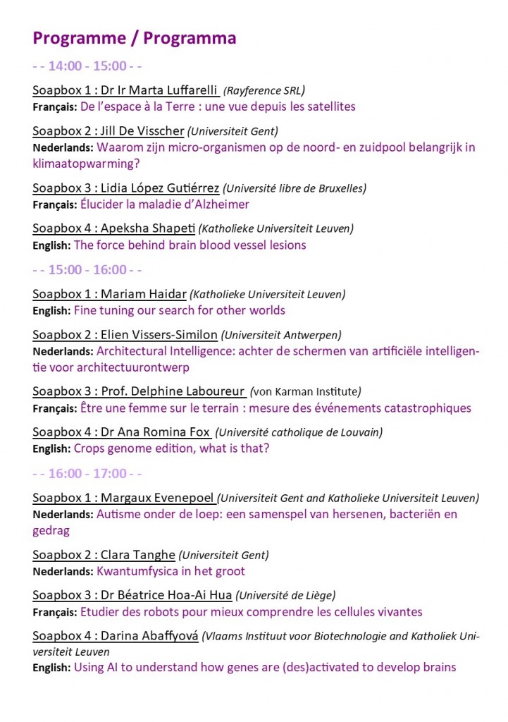 Flyer met een korte versie van het programma van het Soapbox Science 2024-evenement. 