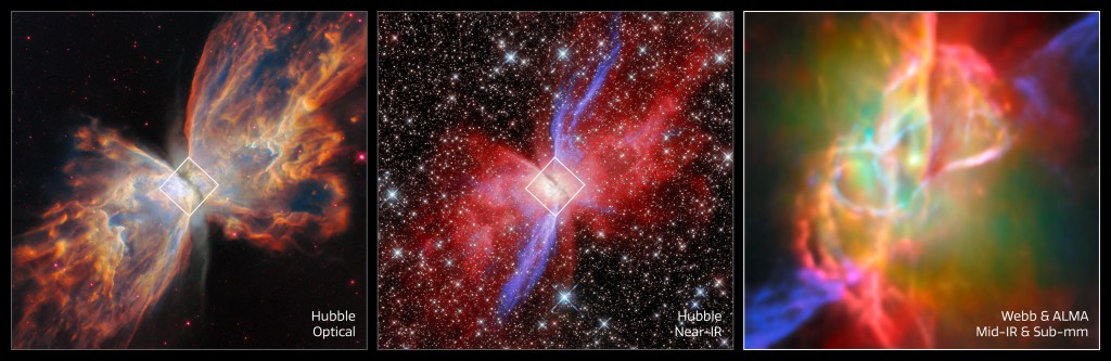 Three pictures of the Butterfly Nebula, which show a stellar object that seems to have two wings and a narrow body, hence the name. The three pictures show the planetary nebula in different colours.