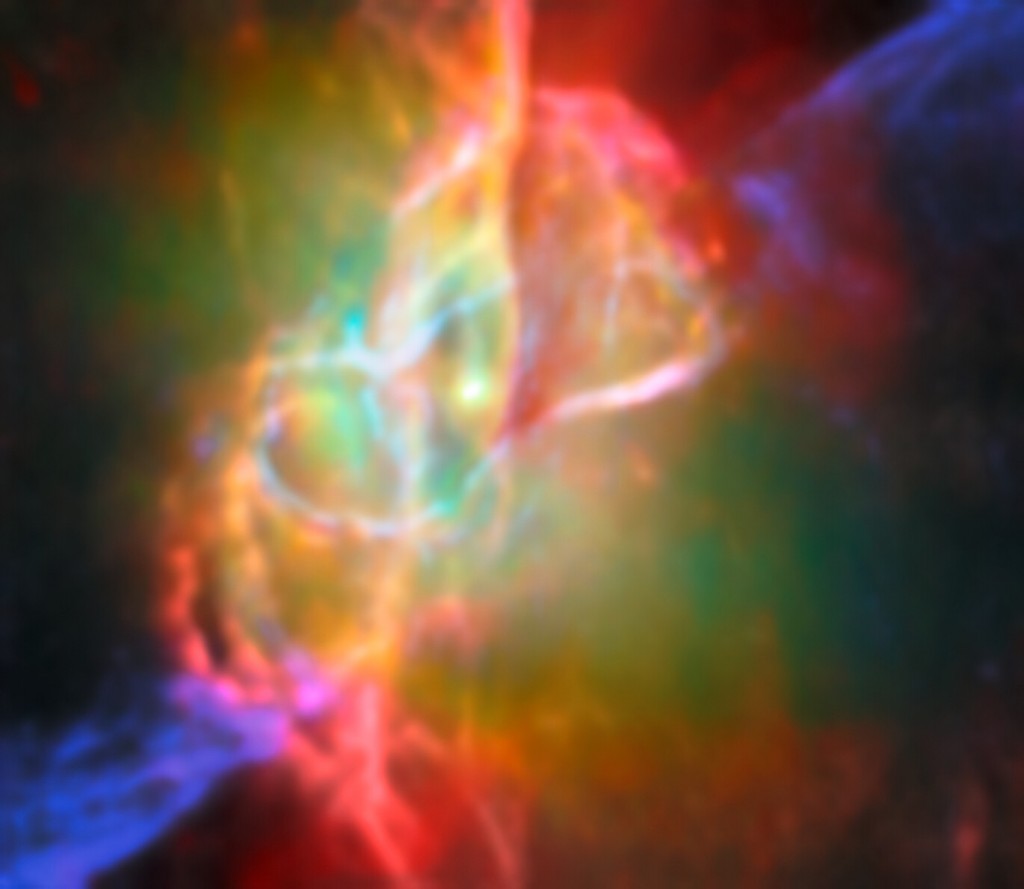 Picture of the centre of the Butterfly Nebula, which show looping lines in cream, orange and pink, jets in blue and its central star in the middle.