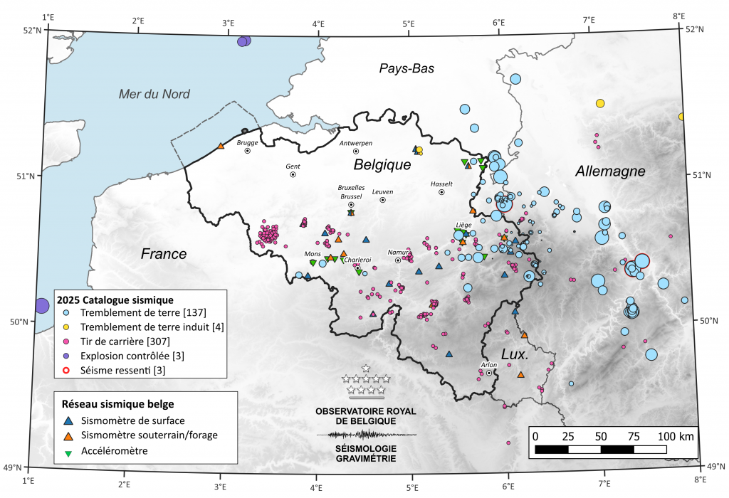 Carte de la Belgique et des environs avec des points indiquant les tremblements de terre et les événements sismiques.