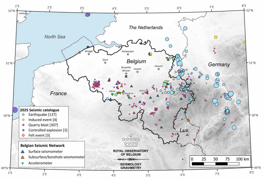 Maps of Belgium and around with dots showing earthquakes and seismic events
