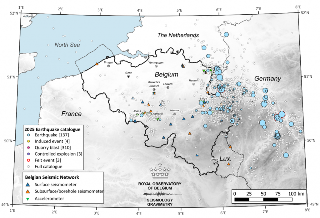 Maps of Belgium and around with dots showing earthquakes and seismic events and dots showing the Belgian seismic catalogue.